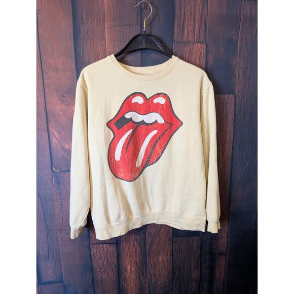 Rolling Stones Lick Logo Pastel Yellow Crewneck Sweater Size Small Rock N Roll - Picture 1 of 4